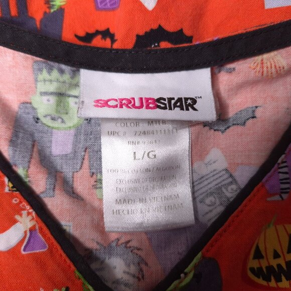 Halloween-Themed ScrubStar Womens Scrub Top L Orange Cartoon Monsters Print - Picture 4 of 5